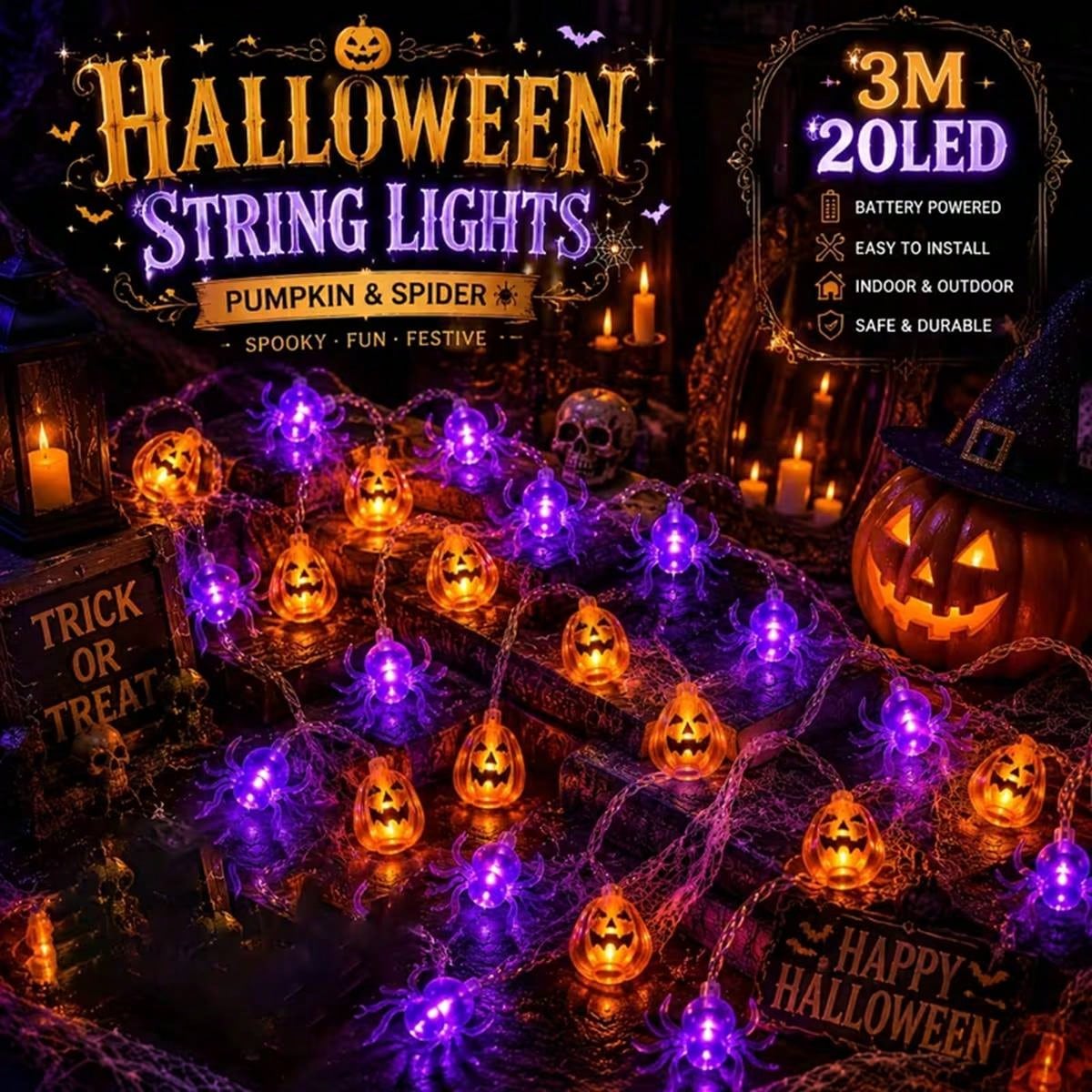 Outdoor Power Jack - 1PC Halloween Pumpkin 10/20 LED String
